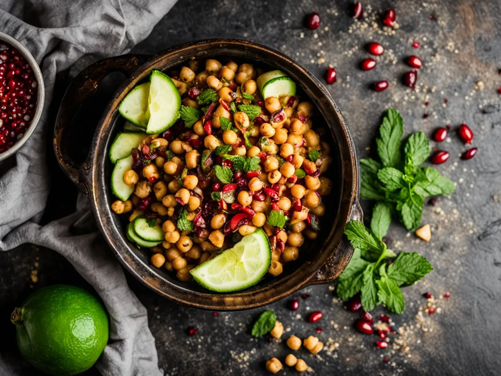 10-Minute High Protein Chana Chaat with Cucumber, Pomegranate and Mint — Canned chickpeas tossed with cucumber, tomato, red onion, pomegranate and mint in a tangy lime and chaat ma