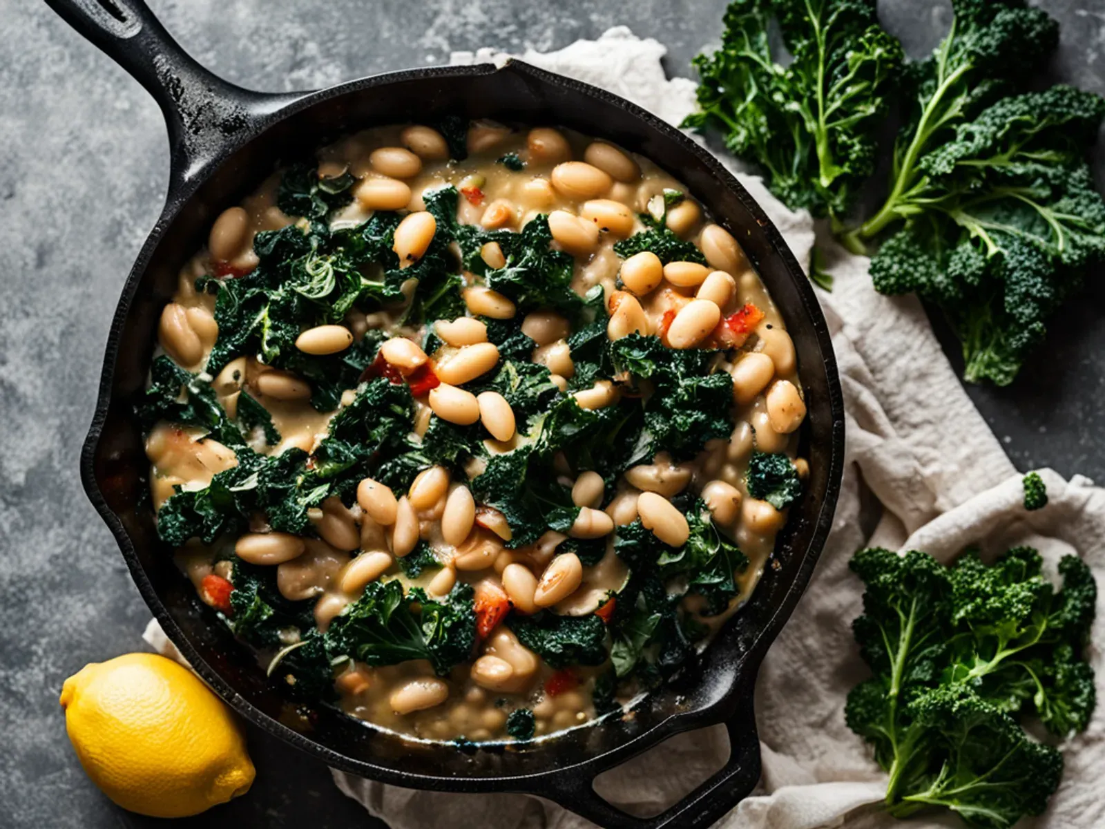 15-Minute Creamy Tuscan White Bean Skillet with Kale and Lemon — Cannellini beans simmered with garlic, kale and lemon until self-thickening and creamy, no dairy needed. One skille