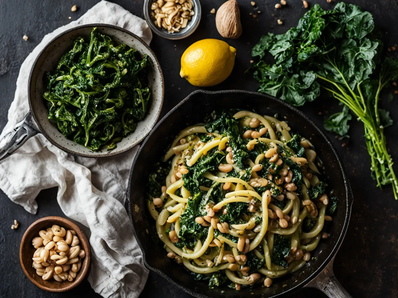 20-Minute Kale Pesto Pasta with White Beans and Toasted Walnuts — Kale pesto pasta made with toasted walnuts, lemon and nutritional yeast, then tossed with creamy cannellini beans.