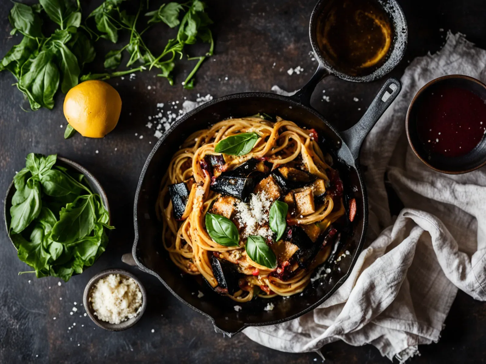 30-Minute Vegan Pasta alla Norma with Crispy Eggplant and Tofu Ricotta Salata — Vegan pasta alla Norma with pan-fried eggplant, a garlicky tomato-basil sauce and salty baked tofu c