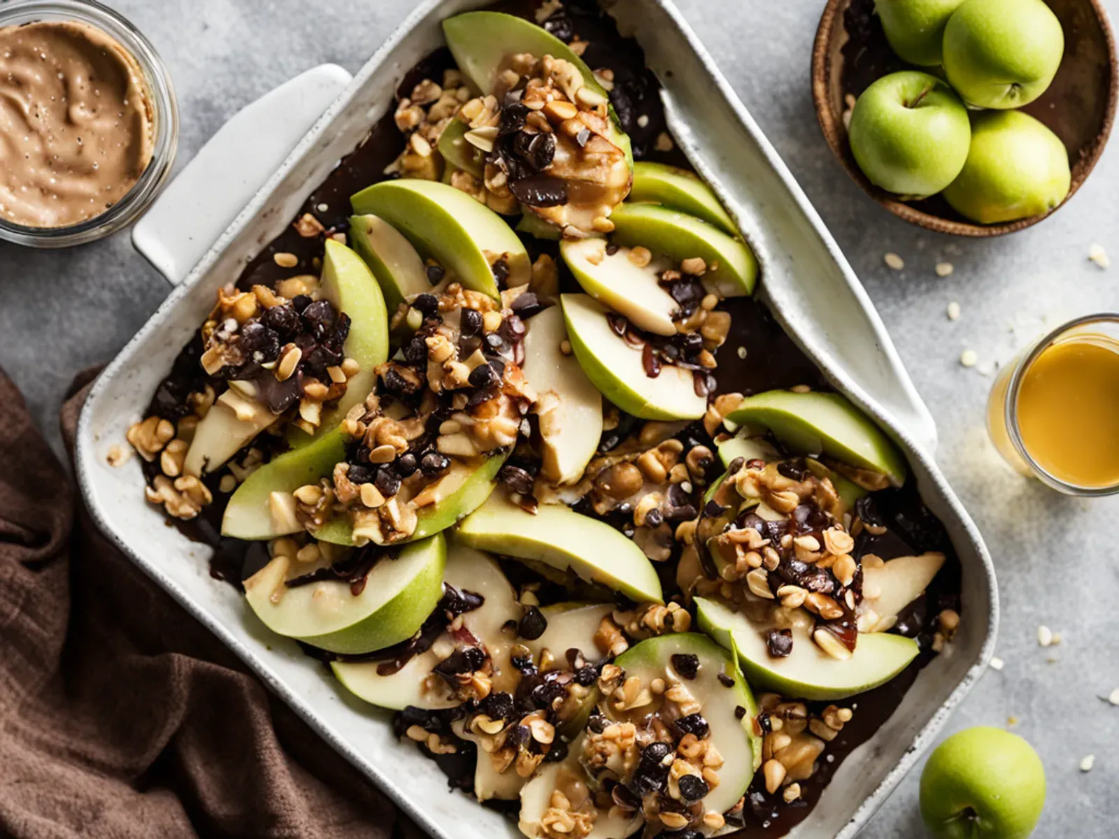 5-Minute Apple Nachos with Warm Peanut Butter, Dark Chocolate and Hemp Hearts — Crisp apple slices with a warm maple-peanut butter drizzle, chopped dark chocolate, hemp hearts and 
