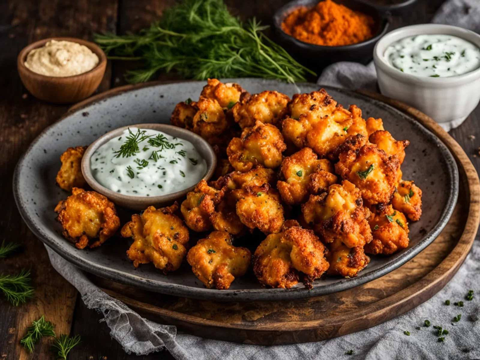 Air Fryer Buffalo Cauliflower Bites with Dill Ranch — Crisp air fryer buffalo cauliflower in a chickpea-flour batter, tossed in tangy hot sauce and served with a cool coconut yogur