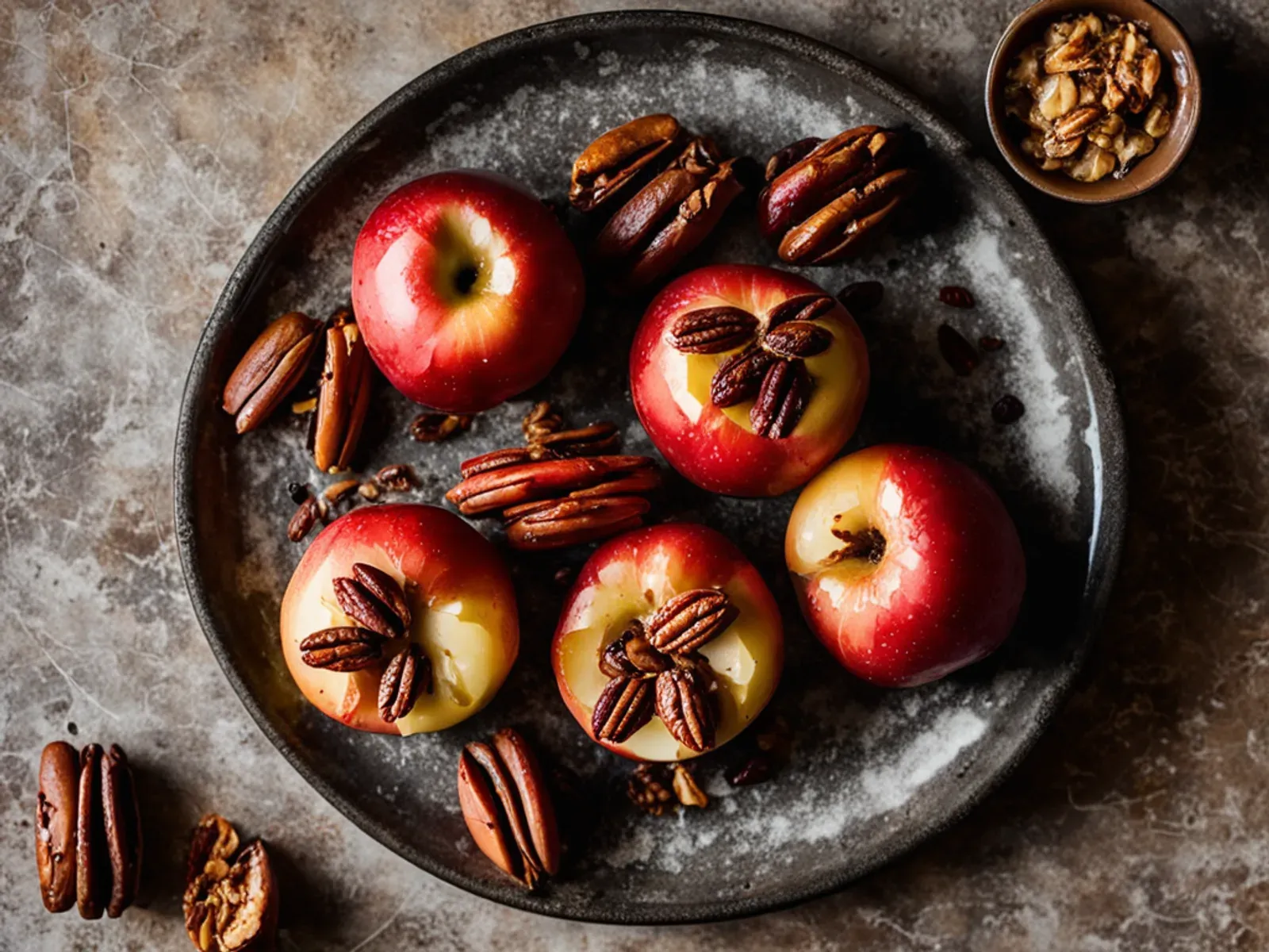 15-Minute Air Fryer Cinnamon Baked Apples with Toasted Pecans — Halved apples brushed with maple, coconut oil and cinnamon, air fried tender in 15 minutes, then finished with pecan