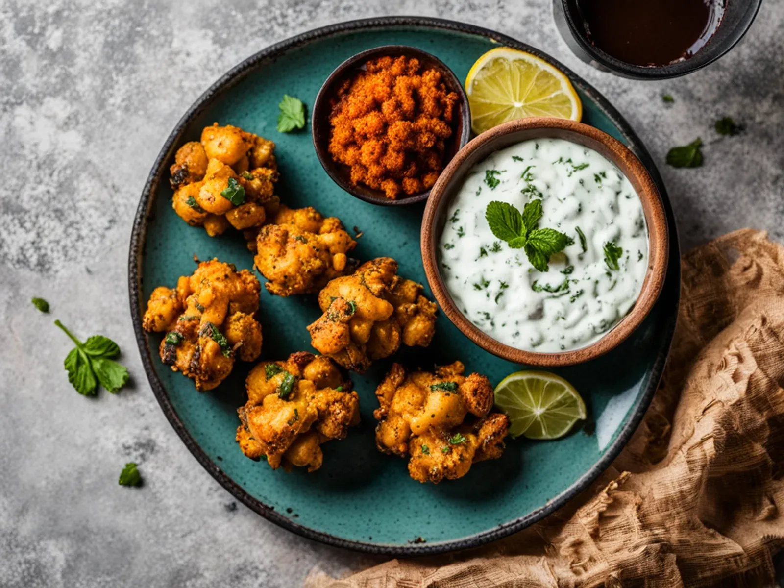 Air Fryer Tandoori Cauliflower Bites with Cucumber Mint Raita — Air fryer tandoori cauliflower in a smoky, ginger-garlic coconut yogurt marinade, charred at the edges and served wi