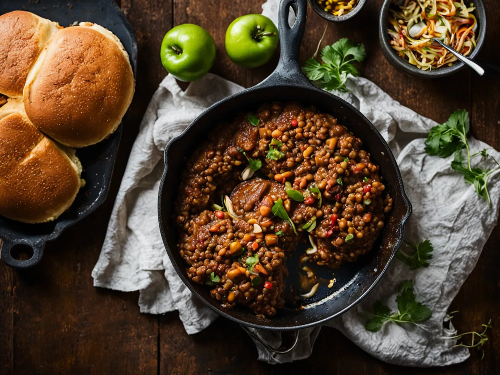 Apple Cider BBQ Lentil Sloppy Joes with Crunchy Apple Slaw — Smoky, tangy lentil sloppy joes simmered in a reduced apple cider BBQ sauce and piled onto toasted whole-wheat bread wi