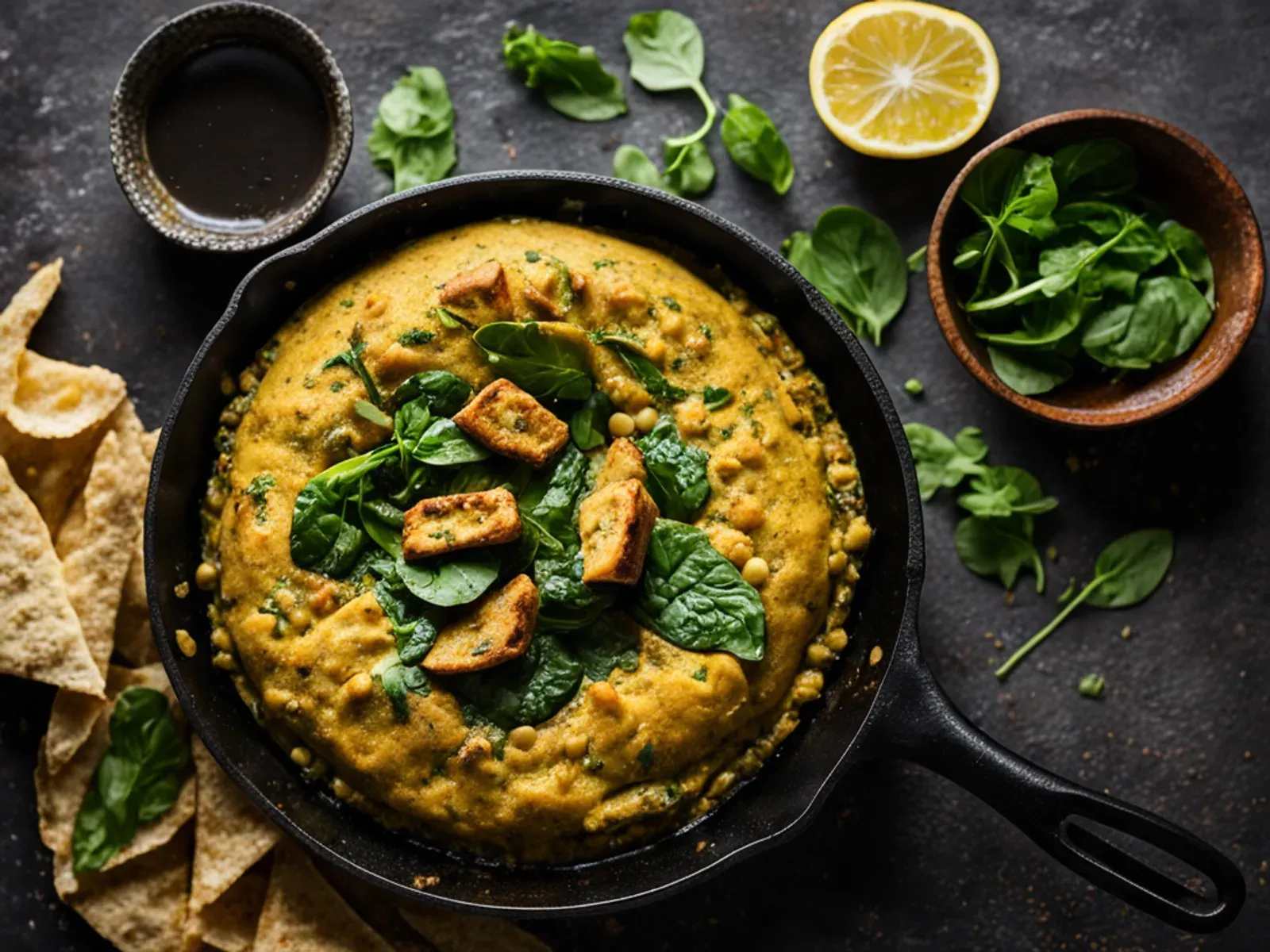 Besan Chilla with Spinach and Spiced Tofu Filling — Thin, golden besan chilla with spinach in the batter, folded around a turmeric-spiced tofu scramble. A filling vegan Indian brea