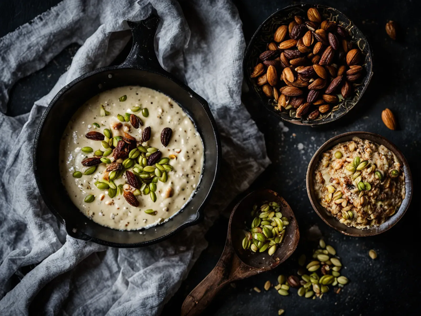 Cardamom Pistachio Chia Seed Kheer with Raisins and Almonds — Chia seed kheer made with almond and coconut milk, warmed with cardamom and saffron, plus plump raisins and toasted pi