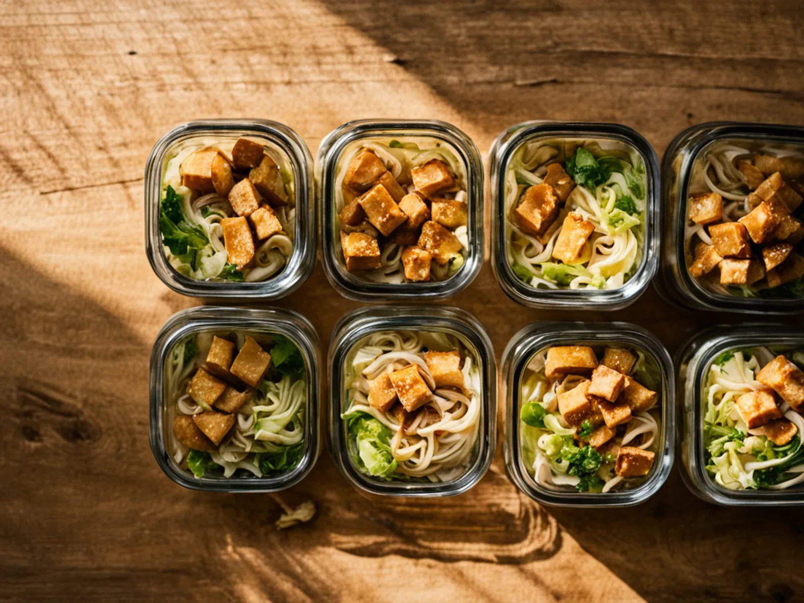 Cold Peanut Noodle Salad Meal Prep Jars with Crispy Tofu and Cabbage — Four make-ahead jars of cold rice noodles, crunchy cabbage and oven-crisped tofu, with a lime-peanut dressing