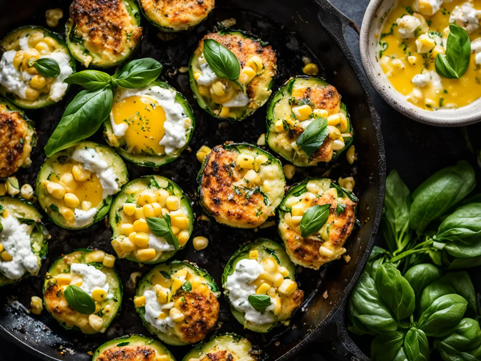 Cottage Cheese Egg Bites with Zucchini, Sweet Corn and Basil — Cottage cheese egg bites with zucchini, sweet corn, basil and cheddar, blended until silky and baked over a water bat
