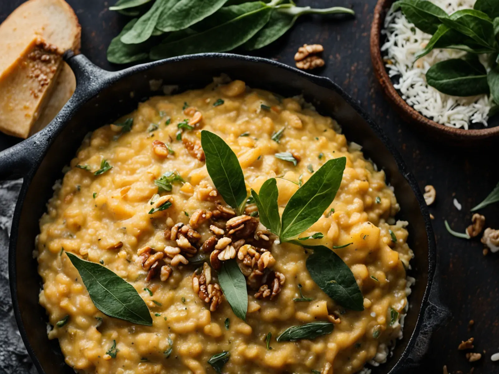 Creamy Pumpkin Sage Risotto with Parmesan and Toasted Walnuts — A creamy pumpkin risotto recipe with arborio rice, crisped sage butter, Parmesan and toasted walnuts. Ready in about