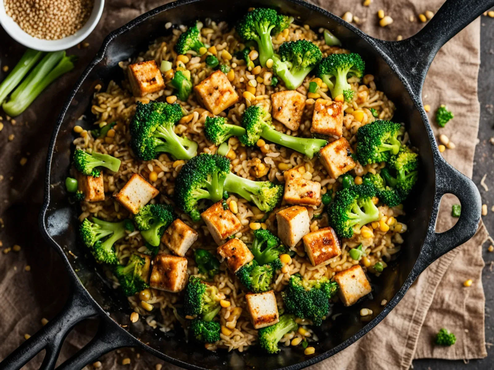Crispy Tofu Fried Rice with Broccoli, Sweet Corn and Green Onion — Vegan tofu fried rice with cornstarch-crisped tofu, nutty brown rice, broccoli, sweet corn and peas, tossed with 