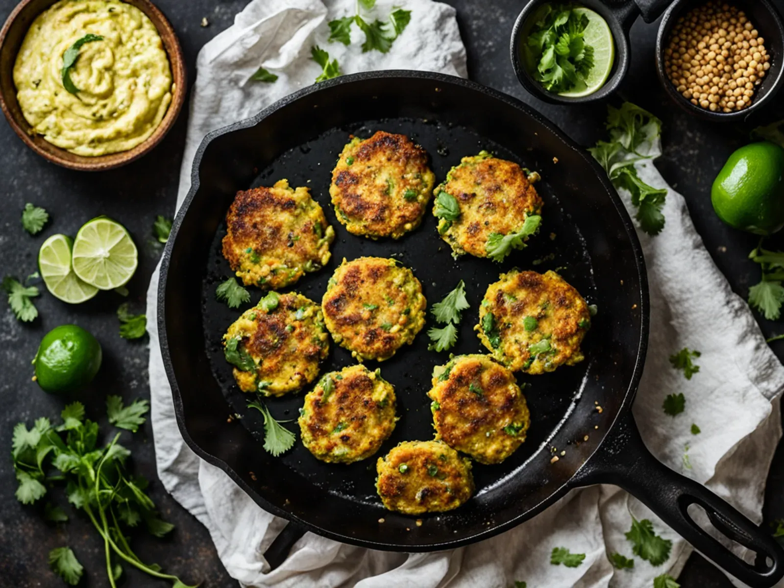 Crispy Zucchini Corn Fritters with Jalapeño & Cilantro-Lime Dip — Crispy zucchini corn fritters with jalapeño, bound with chickpea flour and served with a cool cilantro-lime coconu