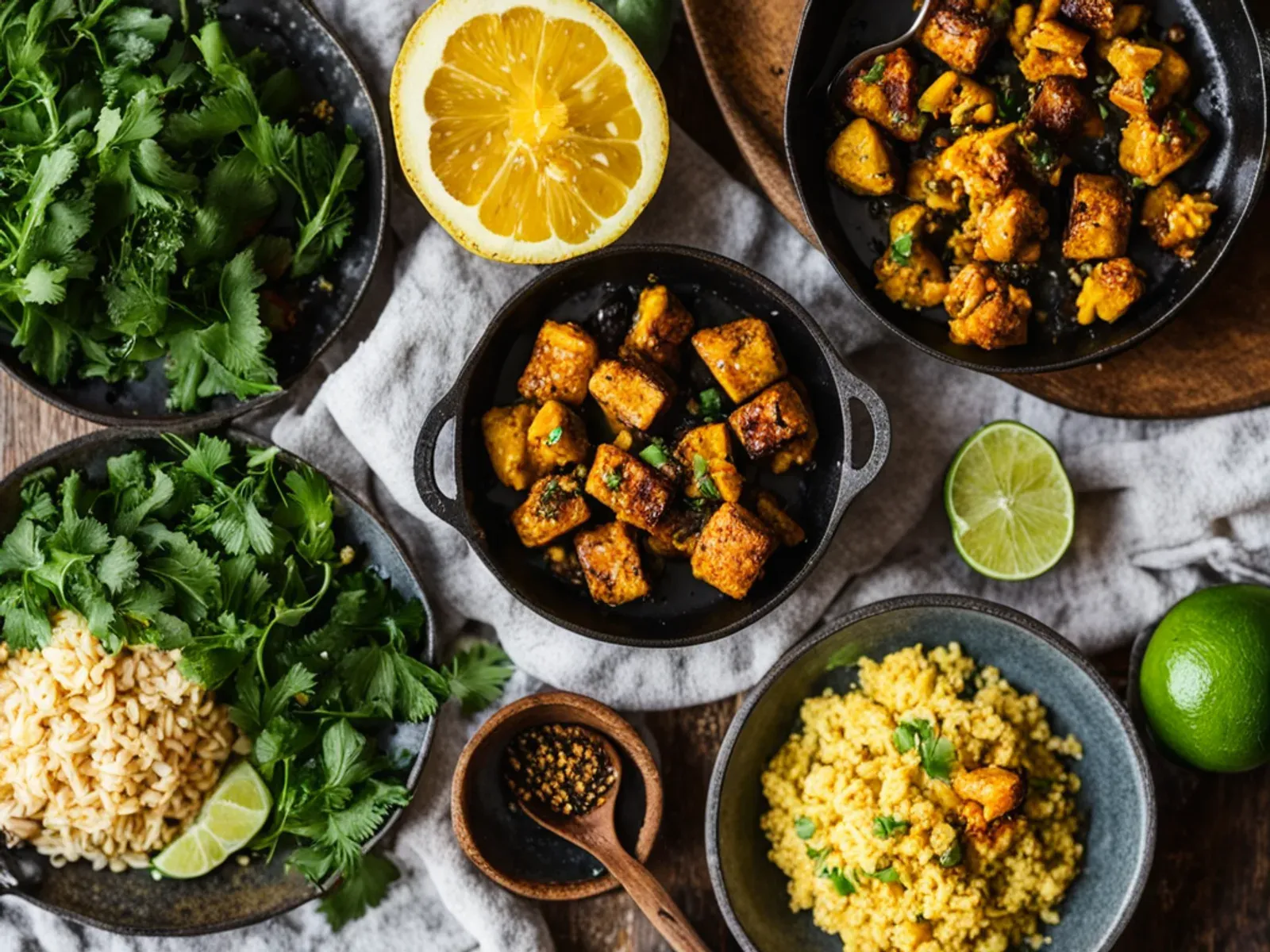 Curried Tempeh and Roasted Cauliflower Meal Prep Bowls with Coconut-Turmeric Rice — Sheet-pan curried tempeh and cauliflower over coconut-turmeric brown rice, finished with a lime-