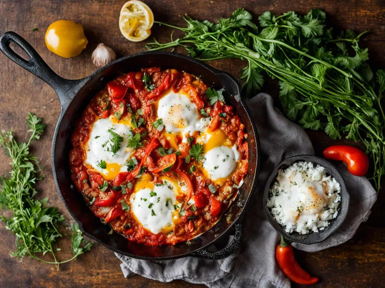 Easy Fresh Tomato Shakshuka with Bell Peppers, Feta and Herbs — Easy shakshuka with feta made from fresh tomatoes, sweet bell peppers, cumin and smoked paprika, with eggs poached r