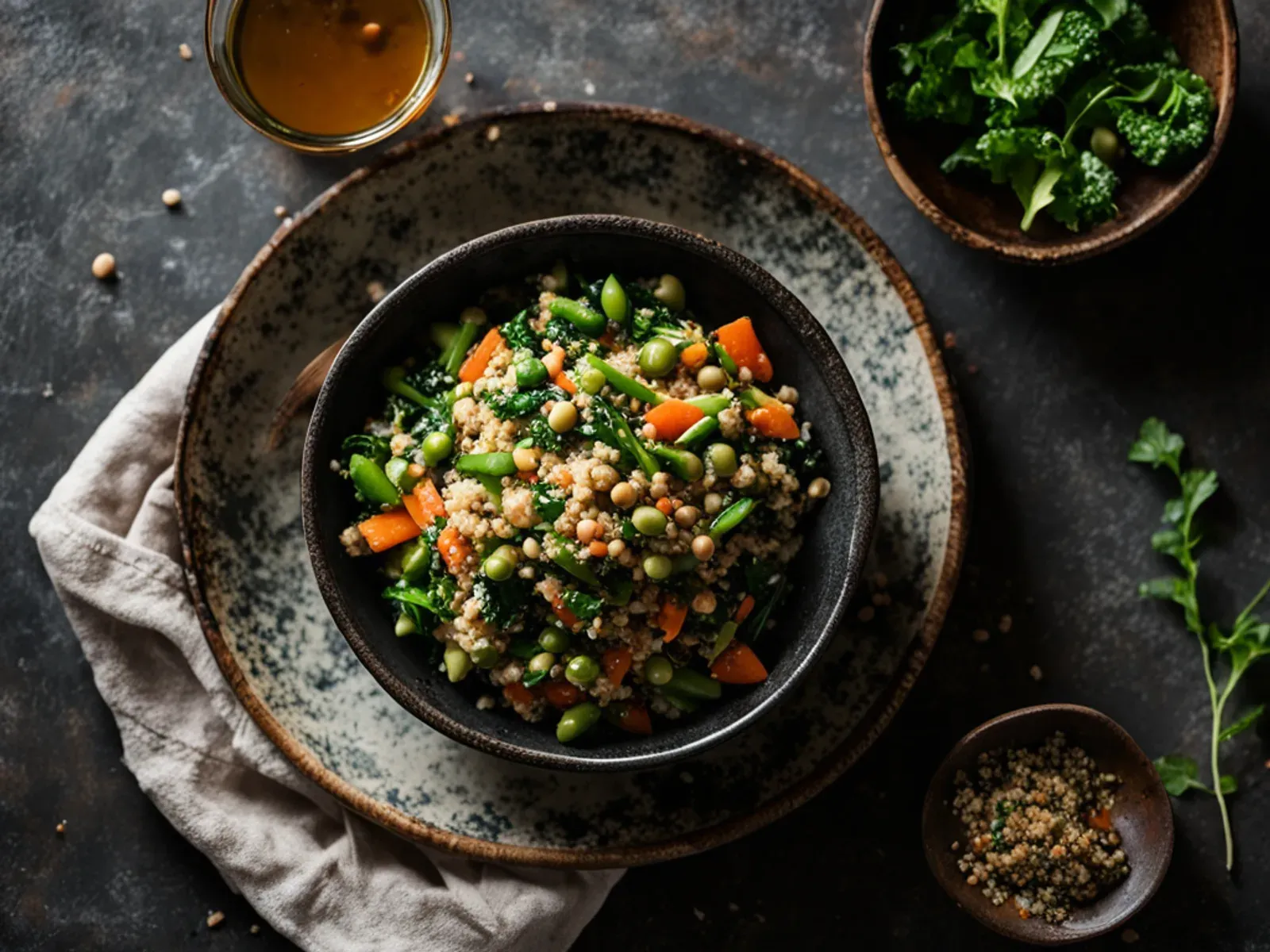 Edamame Quinoa Salad with Kale, Carrots and Miso Ginger Dressing — A make-ahead edamame quinoa salad with massaged kale, shredded carrots and roasted peanuts, tossed in a creamy mi
