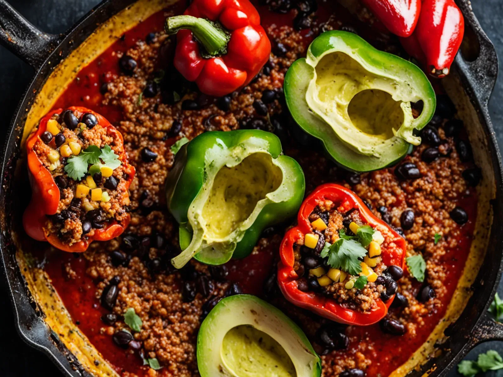 Enchilada Quinoa Stuffed Peppers with Black Beans, Sweet Corn and Avocado-Lime Crema — Vegan quinoa stuffed peppers with enchilada spices, black beans, fresh late-summer corn and s