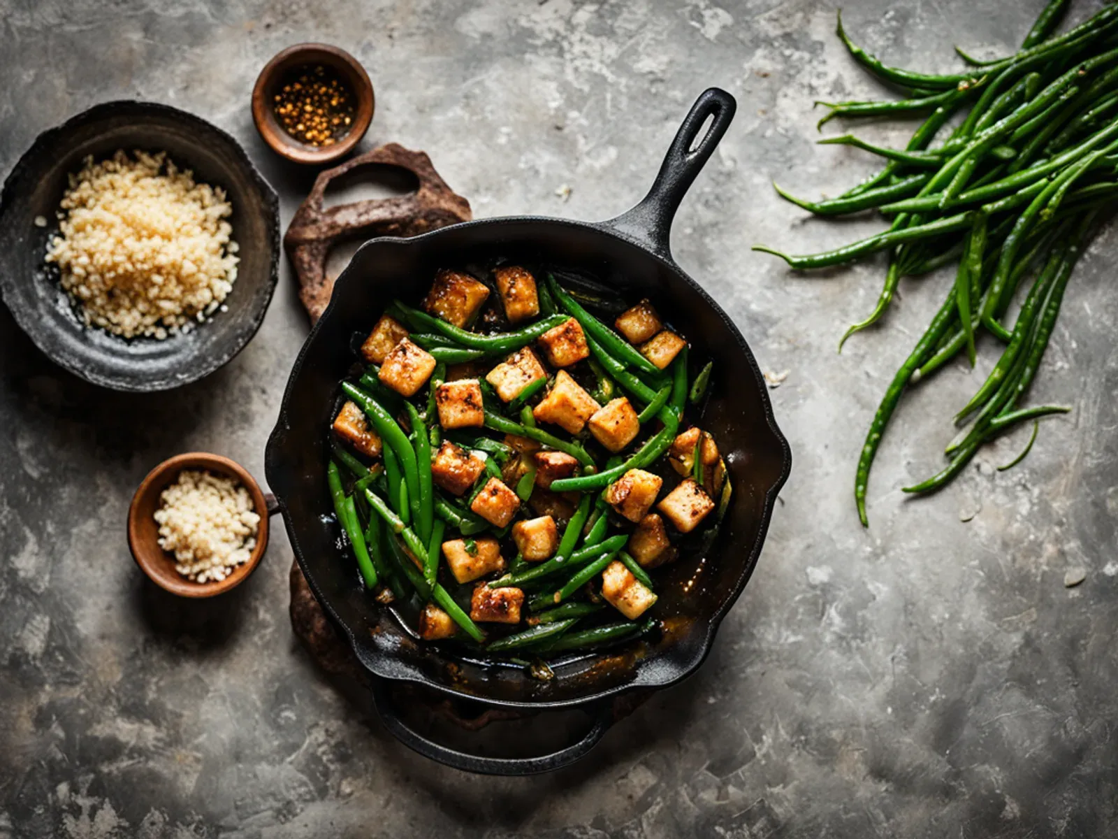 Garlic Ginger Tofu and Green Bean Stir-Fry — A quick tofu green bean stir fry with golden cornstarch-crusted tofu, blistered beans and a glossy garlic-ginger soy sauce. On the tabl