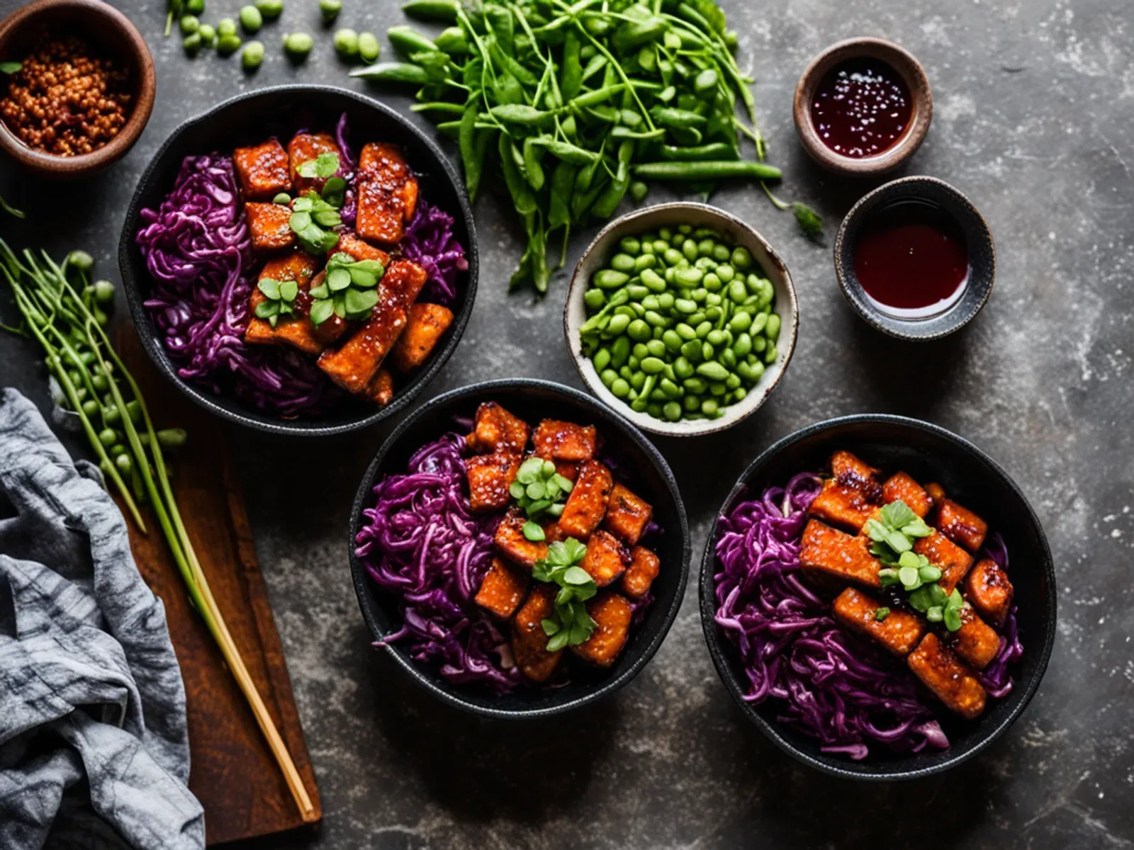 Gochujang Tempeh Vegan Meal Prep Bowls with Sesame Red Cabbage and Edamame — Sticky gochujang-glazed tempeh, brown rice, edamame and quick sesame-pickled red cabbage and cucumber. 