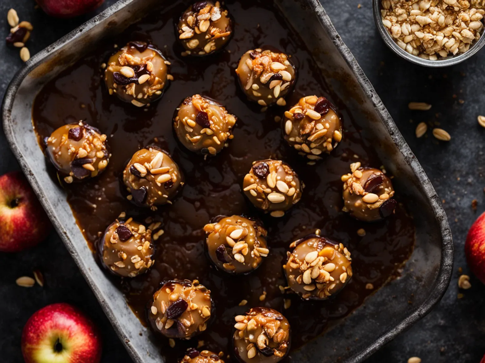 Healthy Date Caramel Apple Bites with Dark Chocolate and Crushed Peanuts — Healthy caramel apples, snack-sized: crisp apple rounds spread with salty date-peanut caramel, then drizz
