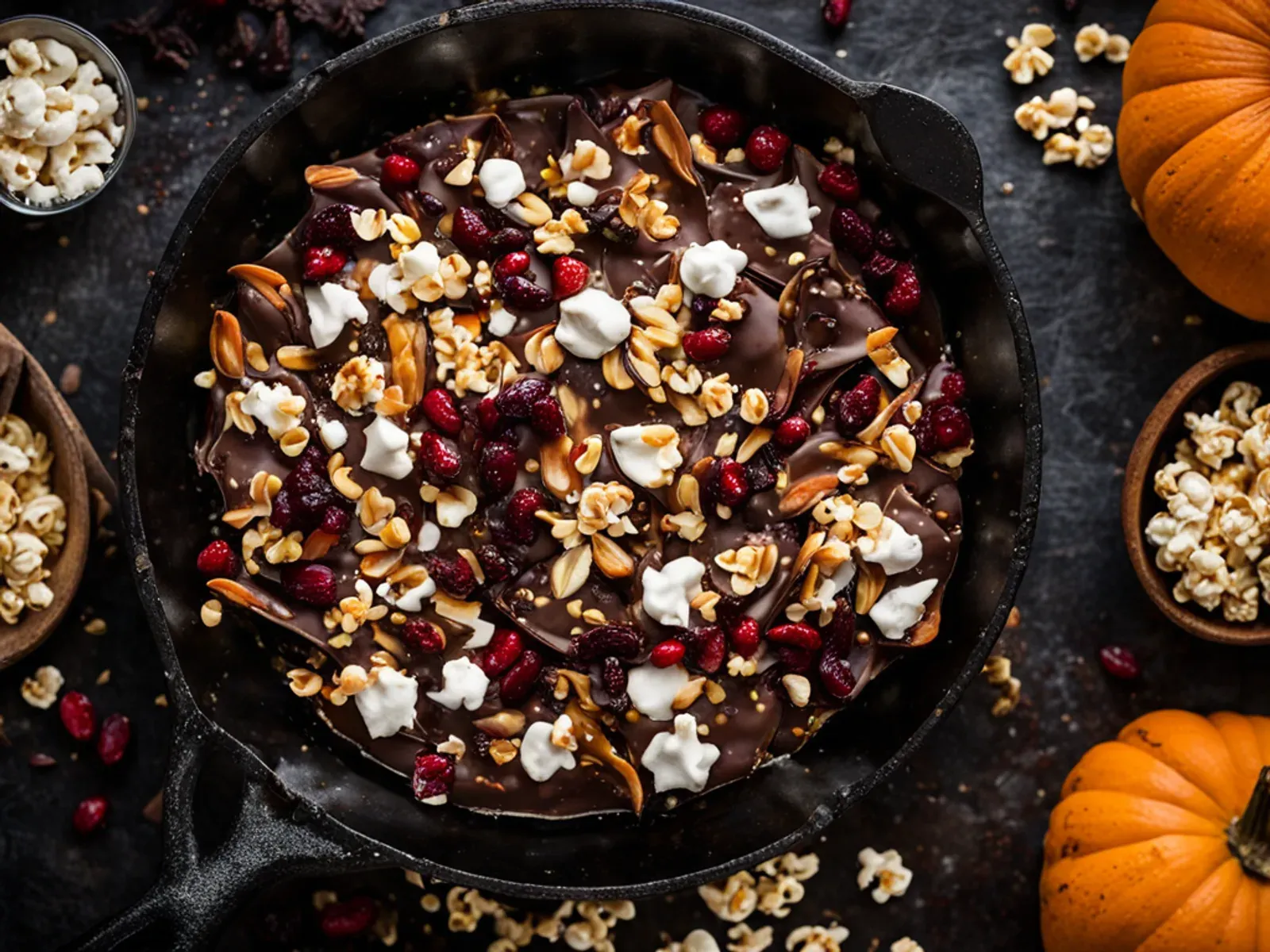 Healthy Halloween Dark Chocolate Bark with Roasted Pepitas, Cranberries and Coconut — Healthy Halloween bark made with dark chocolate, maple-cinnamon pepitas, tart cranberries, toa