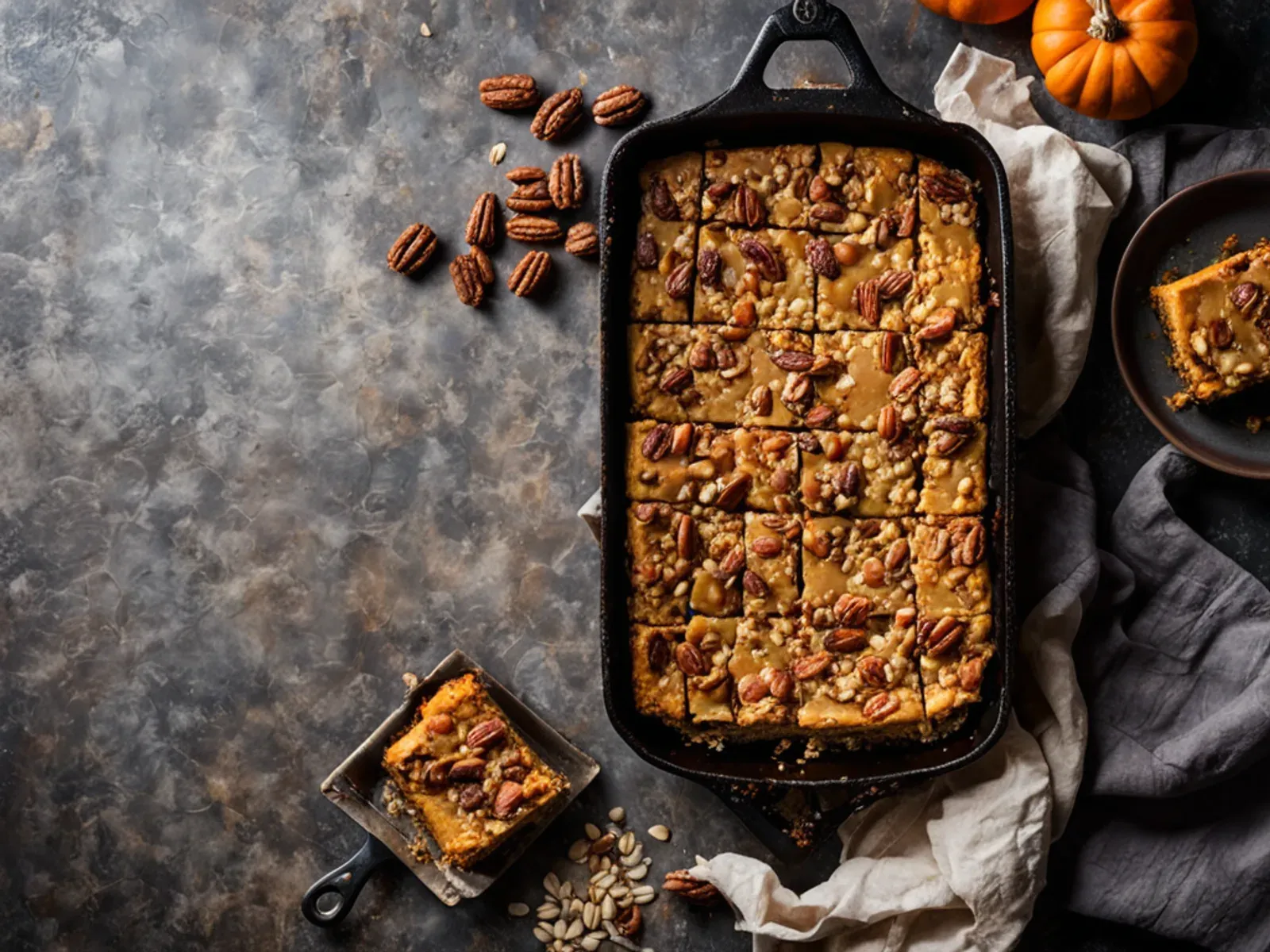 Healthy Pumpkin Cheesecake Bars with Greek Yogurt and Oat Pecan Crust — Creamy pumpkin cheesecake bars made with Greek yogurt and cream cheese, sweetened with maple syrup and baked