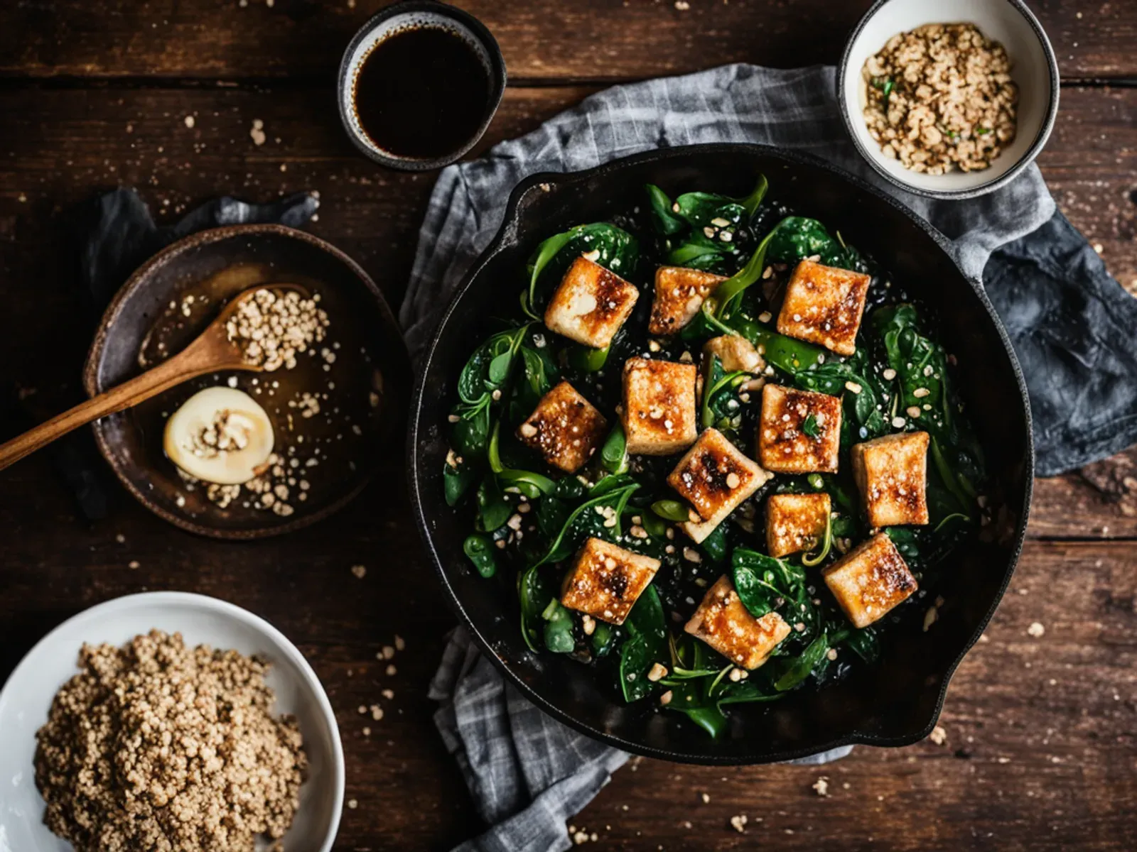 High Protein Savory Oatmeal with Crispy Sesame Tofu, Spinach and Miso — Creamy soy milk oats with ginger, spinach and white miso, topped with crispy sesame-crusted tofu and green o
