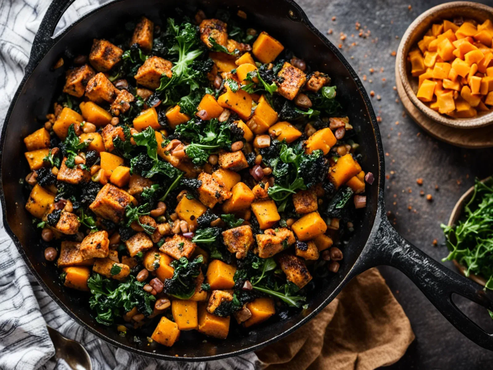 High Protein Vegan Breakfast Hash with Smoky Tempeh, Butternut Squash and Kale — Roasted butternut squash, garlicky kale and smoky maple tempeh crumbles come together in this heart
