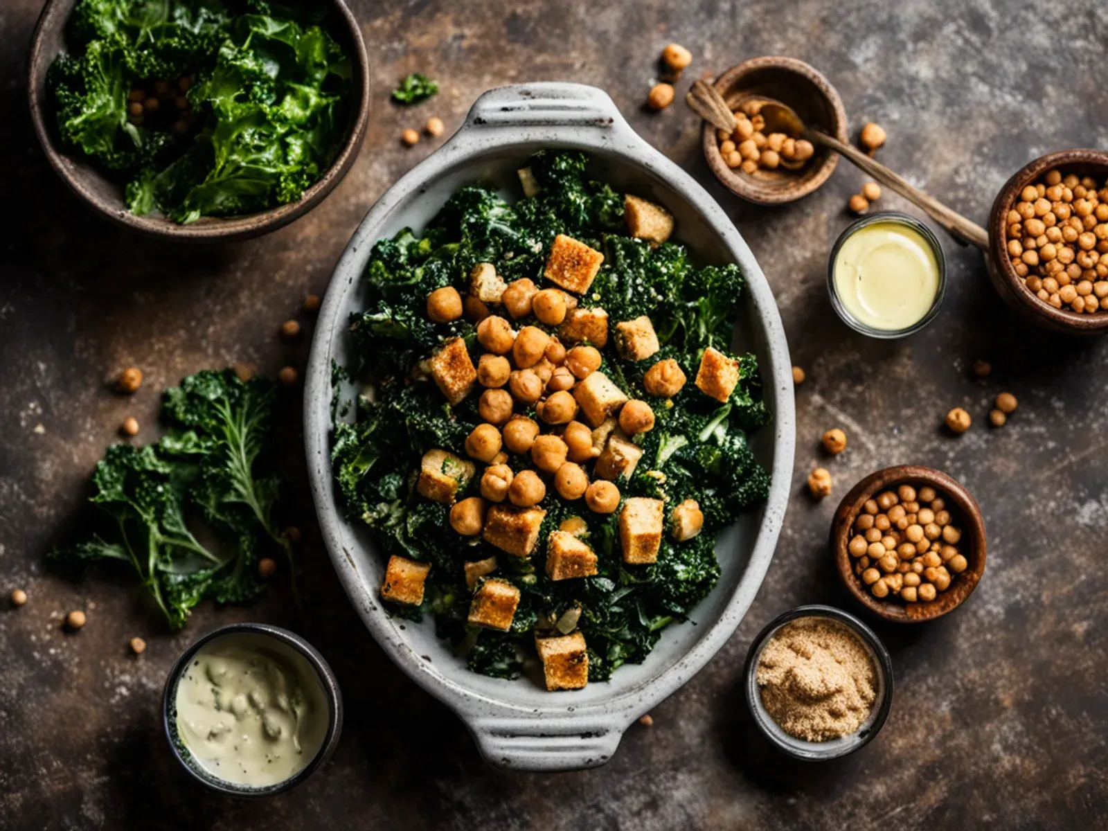 High Protein Vegan Kale Caesar Salad with Crispy Chickpeas and Baked Tofu — A vegan kale Caesar with a creamy silken tofu dressing, crispy roasted chickpeas, golden baked tofu and 