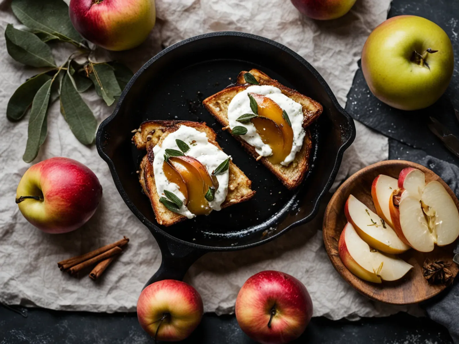 Hot Honey Whipped Ricotta Toast with Roasted Apples and Crispy Sage — Whipped ricotta toast on crisp sourdough with roasted apples, a quick chili-infused hot honey and fried sage l