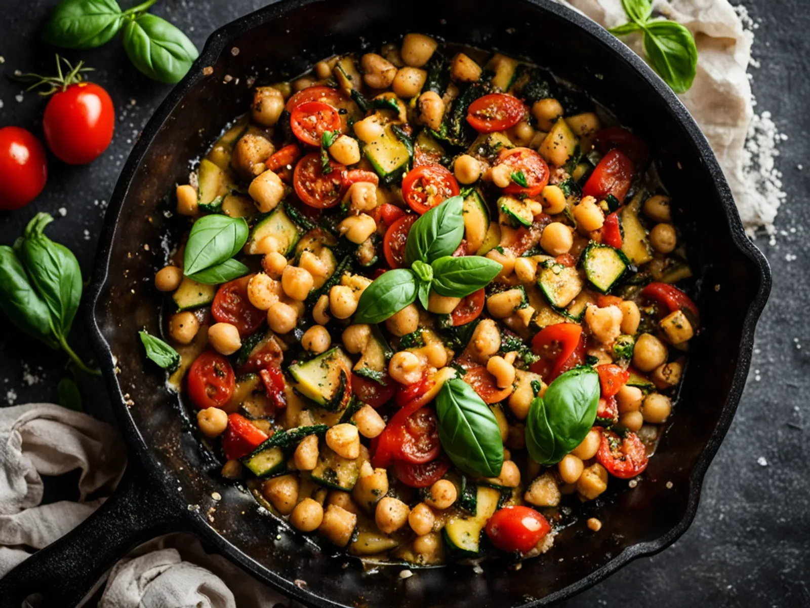 20-Minute Italian Chickpea, Zucchini & Tomato Skillet with Basil — A brothy Italian chickpea zucchini tomato skillet: browned zucchini, burst cherry tomatoes, garlic and basil, wit