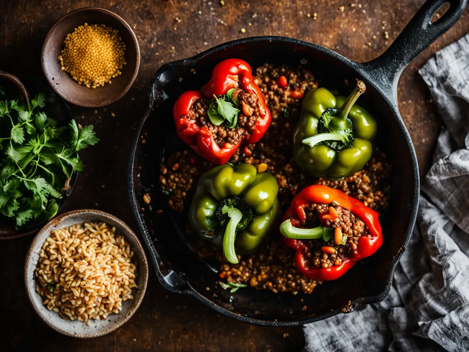 High Protein Vegan Stuffed Peppers with Lentils, Brown Rice and Smoky Tomato Sauce — Bell pepper halves stuffed with green lentils, brown rice, corn and toasted walnuts, baked in a