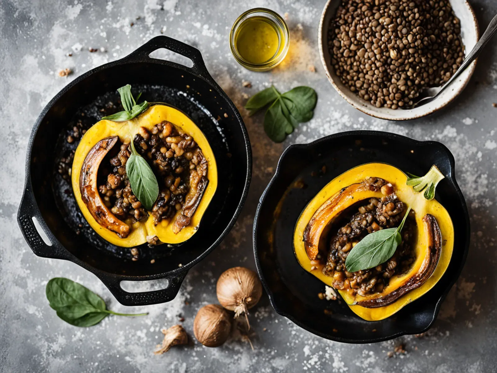 Lentil and Mushroom Stuffed Acorn Squash with Sage and Walnuts — Roasted acorn squash halves stuffed with herby green lentils, browned mushrooms, kale and toasted walnuts. A hearty