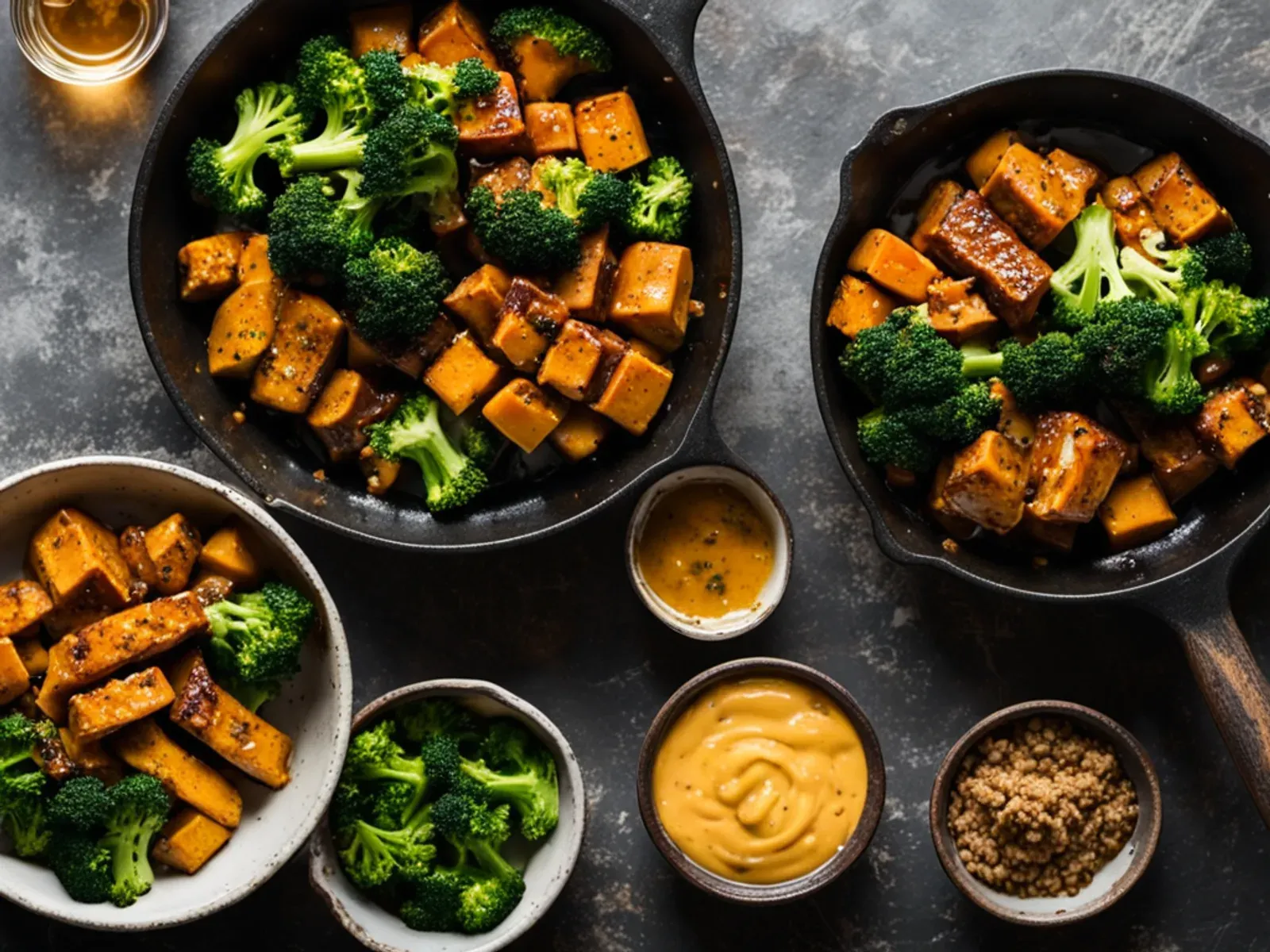 Maple Dijon Tempeh Meal Prep Bowls with Sweet Potato and Broccoli — Vegan meal prep bowls with sticky maple Dijon tempeh, roasted sweet potato, broccoli and quinoa, plus a tangy mu
