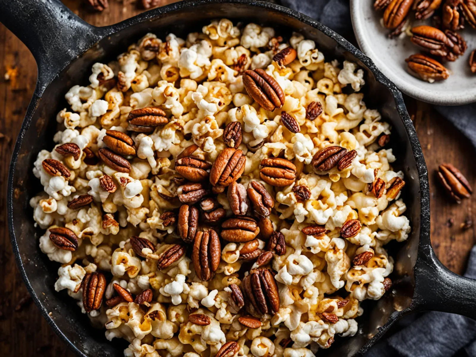 Maple Pumpkin Spice Stovetop Popcorn with Toasted Pecans — Pumpkin spice popcorn popped on the stovetop in coconut oil, coated in a maple-spice glaze with pecans, then baked low un
