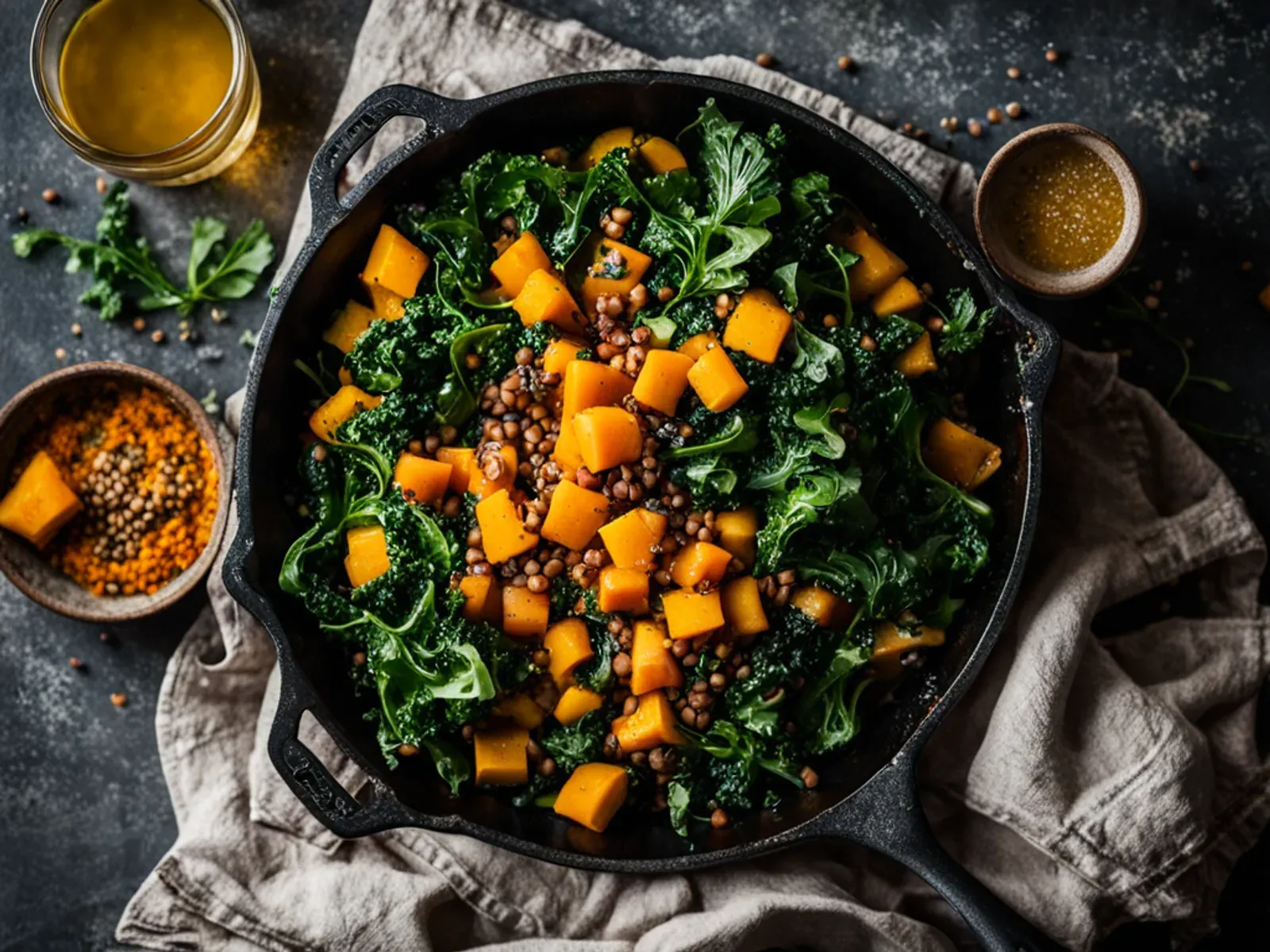 Meal Prep Butternut Squash Kale Salad with Lentils, Apple and Maple Cider Vinaigrette — A butternut squash kale salad for meal prep. Roasted squash, green lentils, crisp apple and 