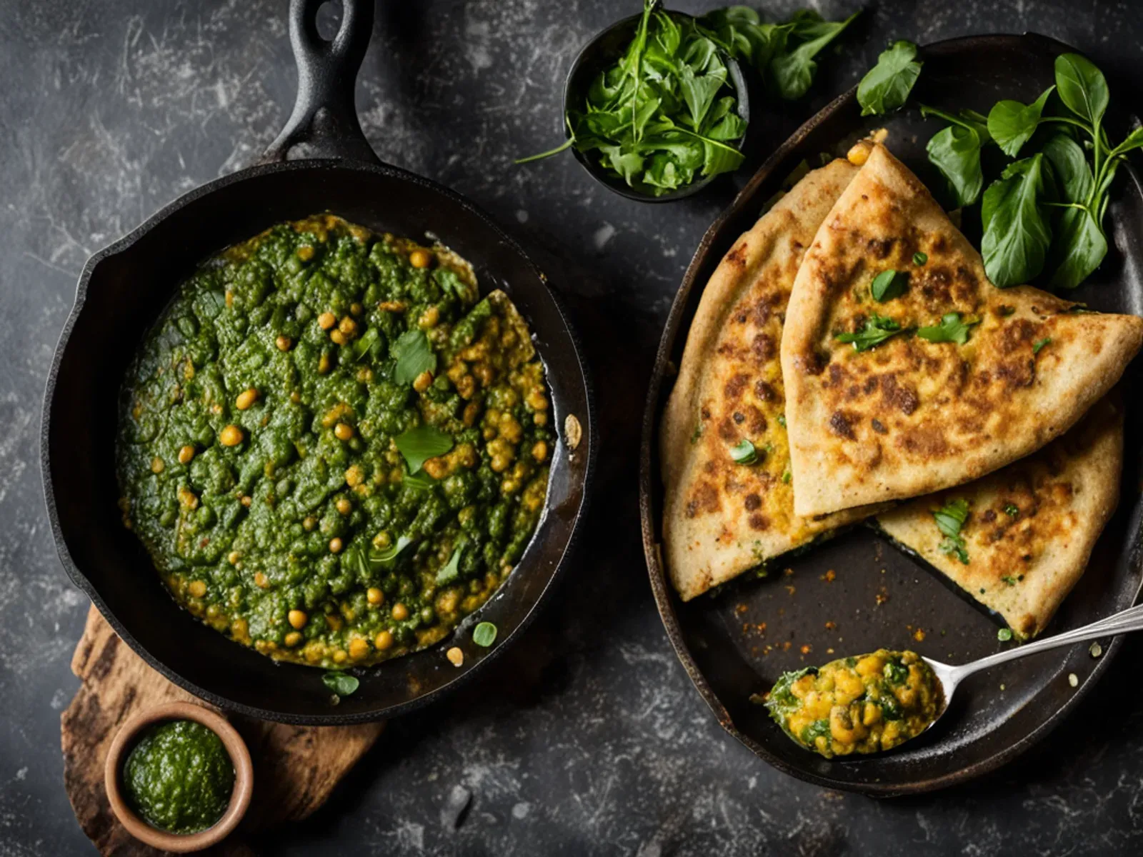 Moong Dal Chilla with Spinach and Ginger-Cilantro Chutney — Crisp-edged moong dal chilla made from soaked, blended split mung beans with spinach and cumin, served with a bright gin