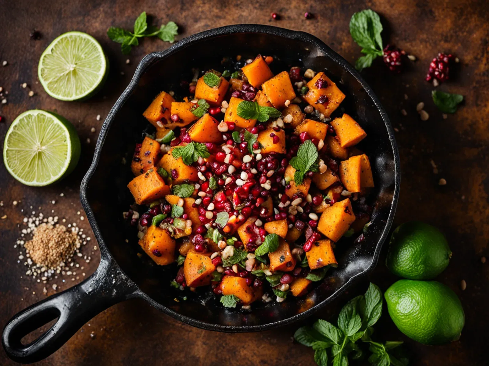 Navratri Sweet Potato Chaat (Shakarkandi Chaat) with Pomegranate, Mint and Lime — Crisp-edged sweet potato chaat tossed with toasted cumin, black pepper, lime, pomegranate, mint an