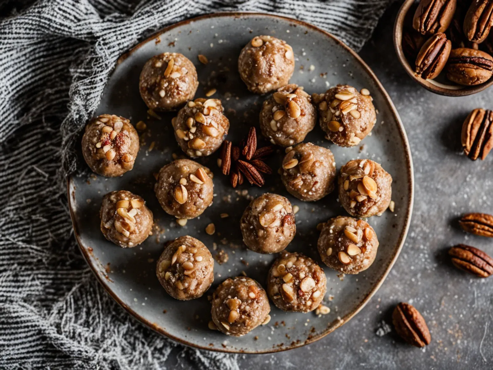 No-Bake Apple Pie Protein Balls with Hemp Hearts and Pecans — No-bake apple pie protein balls with dates, dried apples, oats, almond butter and hemp hearts. Spiced with cinnamon an