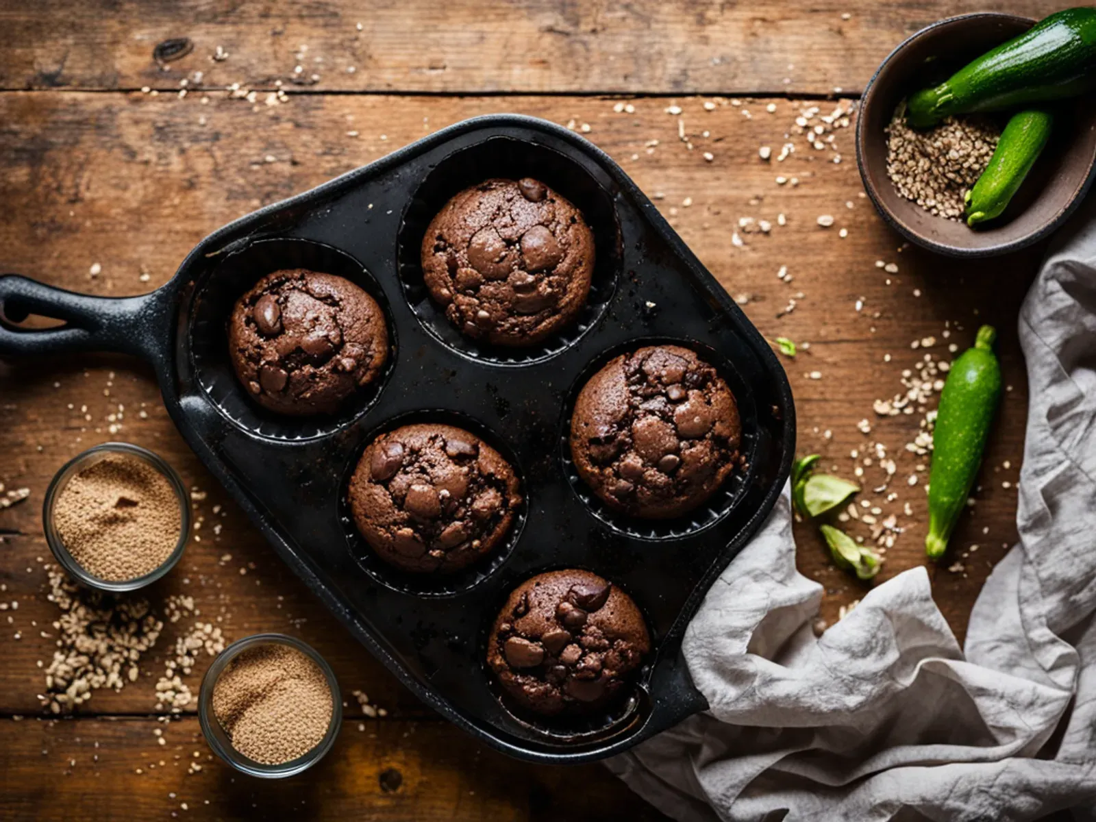 One-Bowl Vegan Chocolate Zucchini Muffins with Whole Wheat and Dark Chocolate — Rich vegan chocolate zucchini muffins made in one bowl with whole wheat flour, cocoa, coconut sugar 