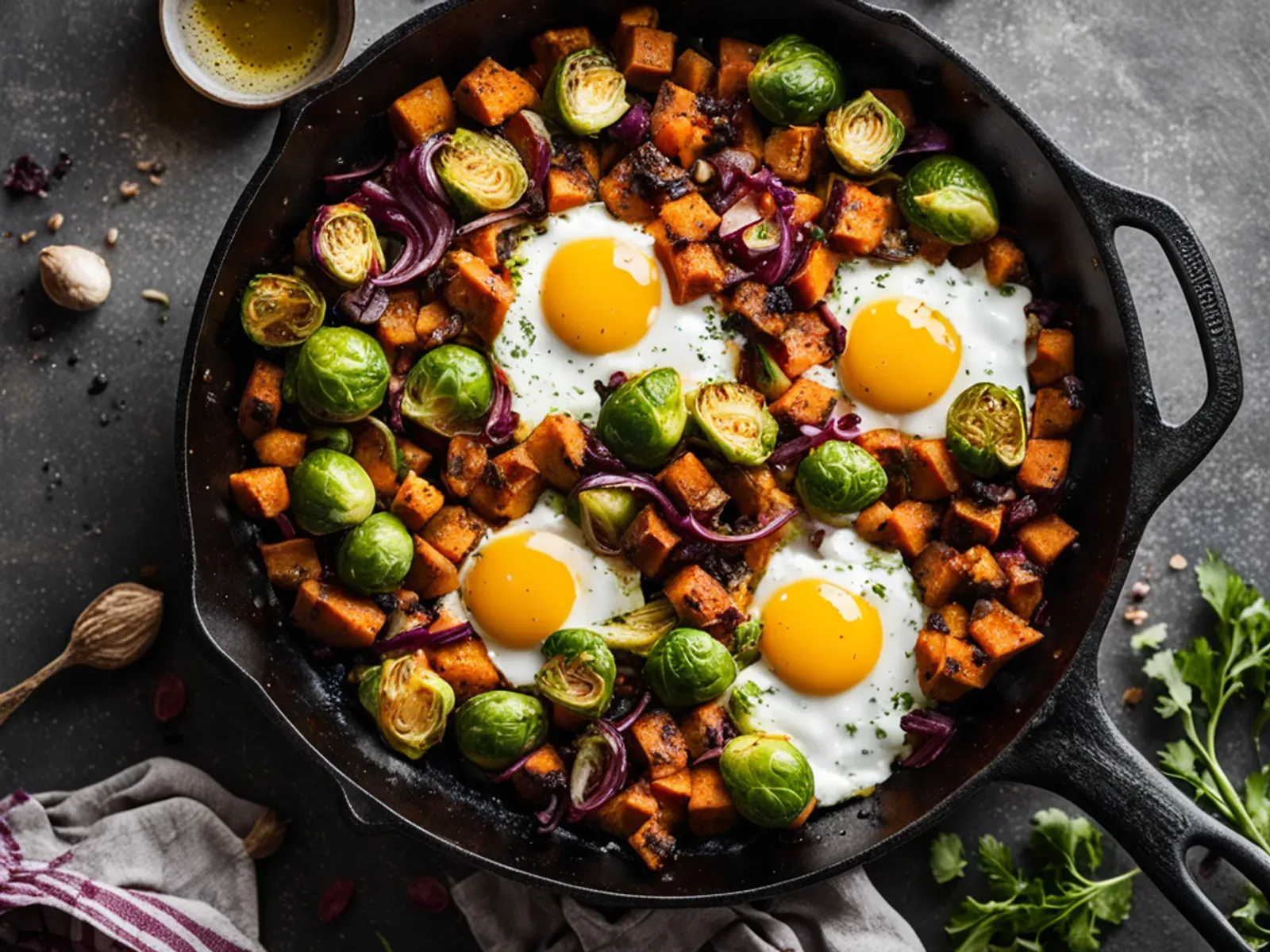 One-Pan Sweet Potato Brussels Sprouts Hash with Jammy Eggs — Crispy sweet potatoes, browned Brussels sprouts and red onion with smoked paprika and thyme, topped with jammy eggs coo