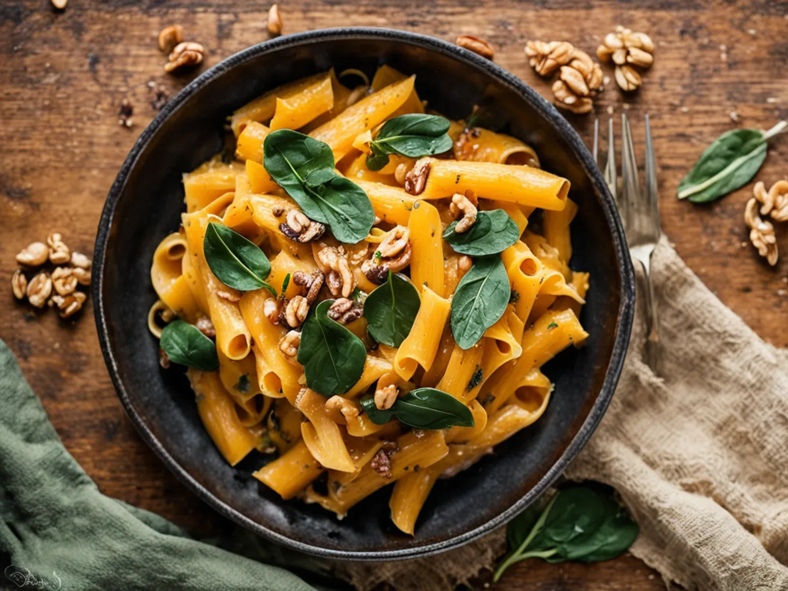 One-Pot Creamy Butternut Squash Pasta with Spinach, Sage and Toasted Walnuts — One pot butternut squash pasta where the squash melts into a silky, dairy-free sauce, finished with s