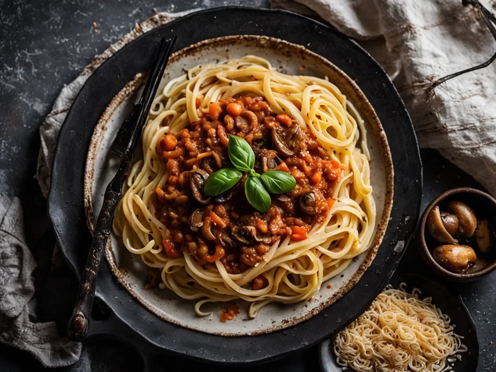 One-Pot Lentil Bolognese Pasta with Mushrooms — A hearty one pot lentil bolognese pasta with green lentils, browned mushrooms and whole-wheat penne all simmered in tomato sauce. On