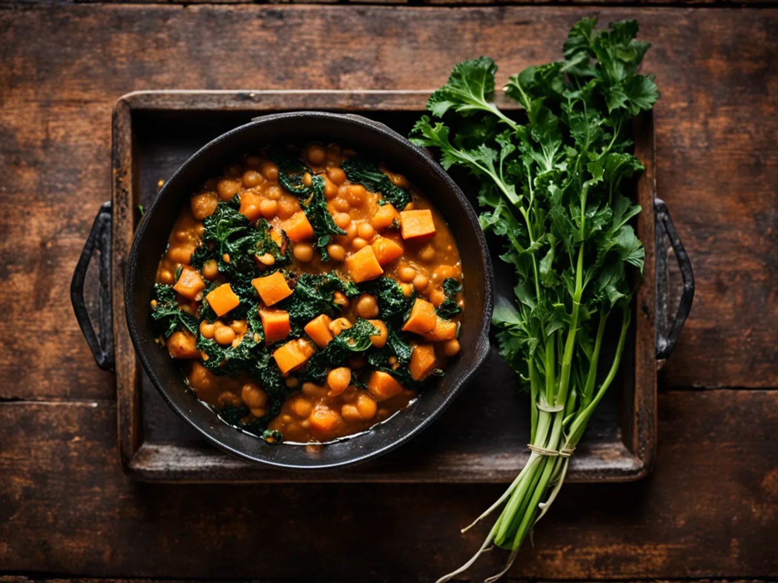 One-Pot Moroccan Chickpea and Sweet Potato Stew with Red Lentils and Kale — A cozy one-pot Moroccan chickpea sweet potato stew with red lentils, kale, cumin, cinnamon and raisins, 