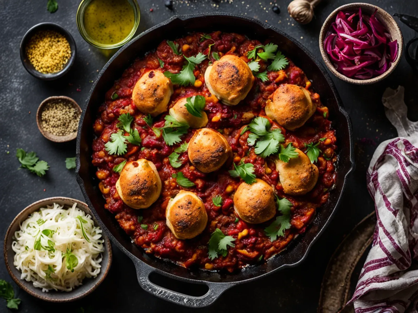 One-Pot Vegan Pav Bhaji with Cauliflower, Beet and Toasted Garlic Rolls — Vegan pav bhaji made in one pot: potatoes, cauliflower, peas and a little beet simmered with tomato and Ka