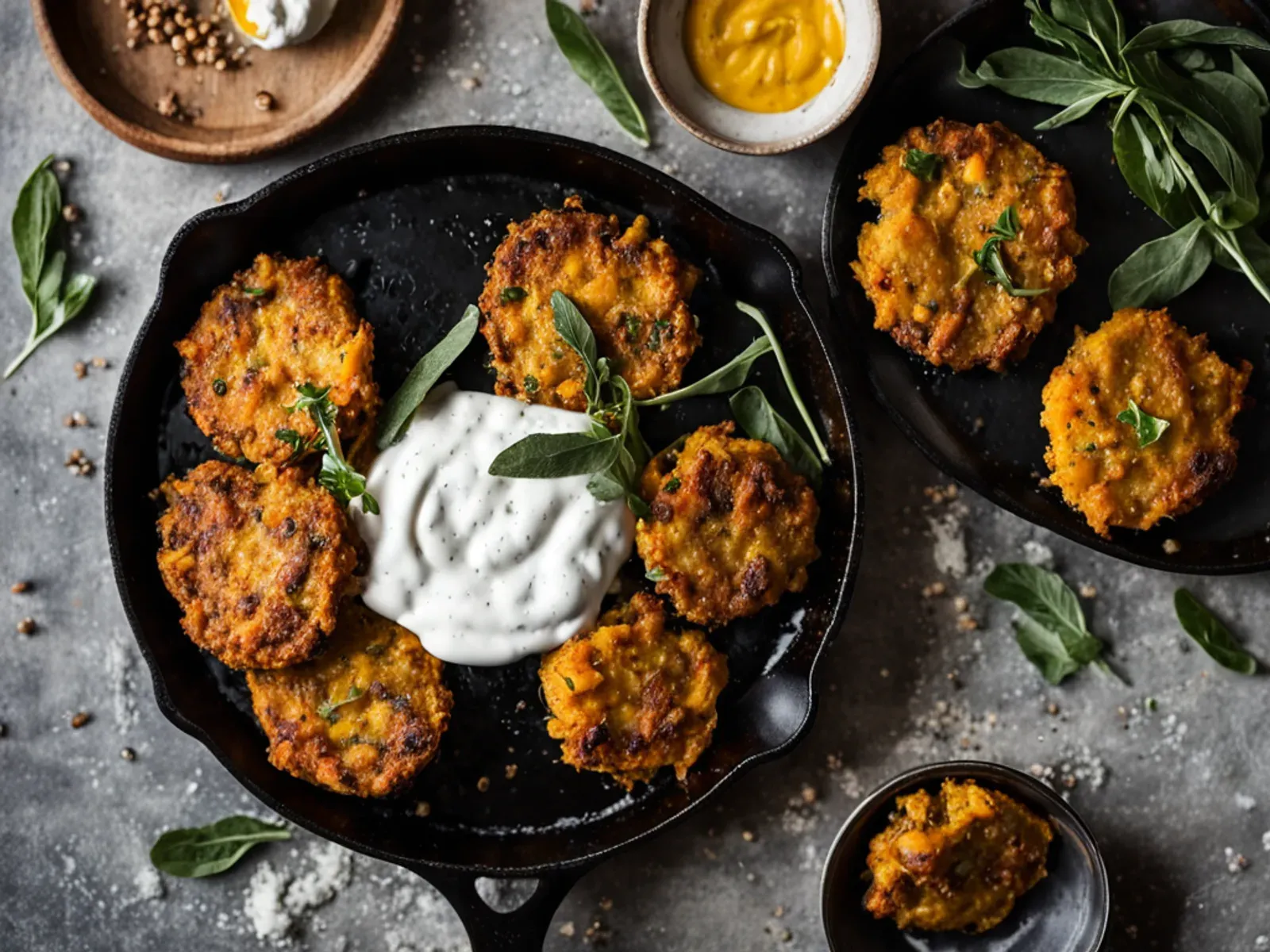 Oven-Baked Butternut Squash Fritters with Sage Yogurt — Grated butternut squash and chickpea flour baked on a preheated sheet pan until the edges caramelize, served with a cool gar