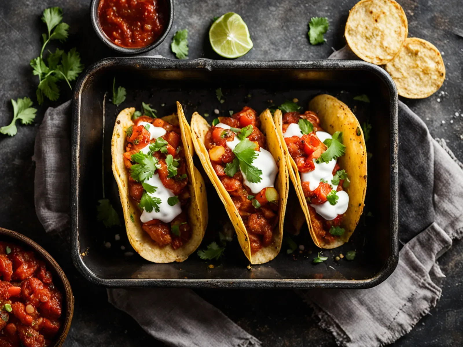 Oven-Baked Crispy Potato Tacos with Roasted Tomato Jalapeño Salsa — Crispy potato tacos rolled around cumin-spiced mashed potatoes, oven-baked until golden, and served with a charr