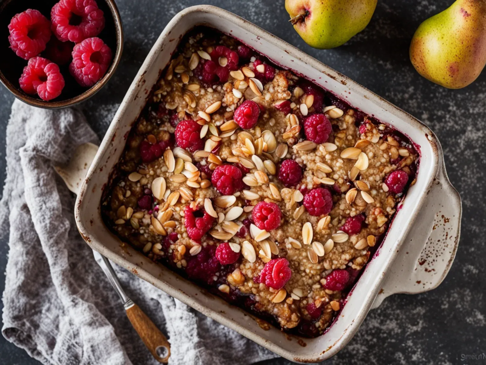 Pear Raspberry Baked Oatmeal with Ginger and Almonds — Pear raspberry baked oatmeal with ground and fresh ginger, a flax-set almond milk custard and a crunchy sliced almond top. Ma