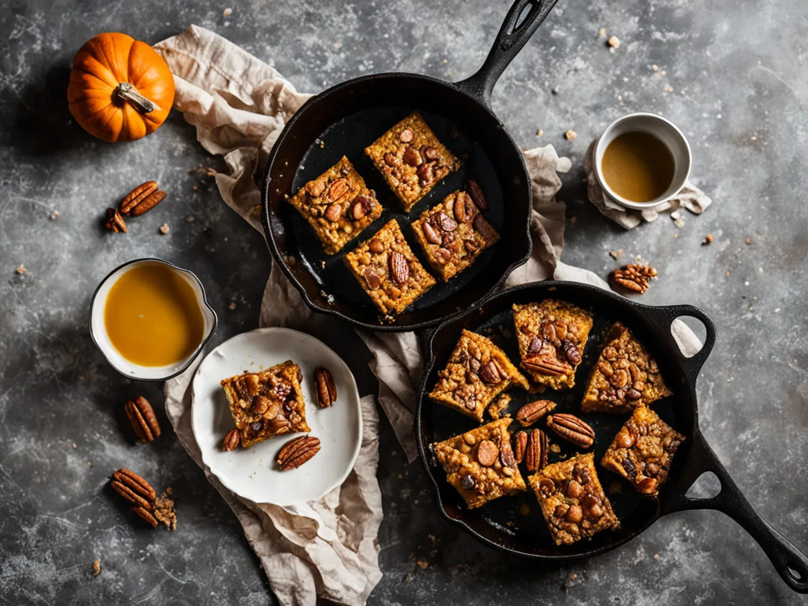 Pumpkin Baked Oatmeal Squares with Maple Pecans — Pumpkin baked oatmeal baked firm enough to slice into squares, sweetened with maple syrup and topped with toasted pecans. One pan 