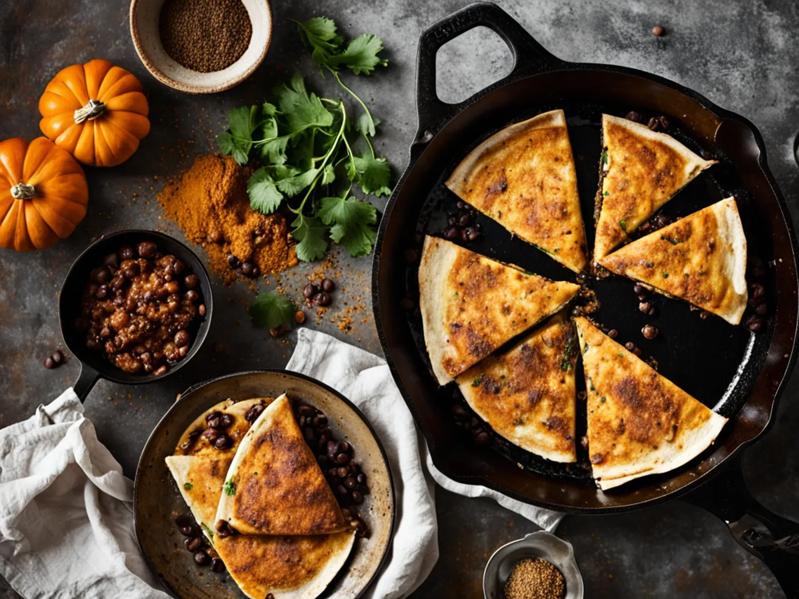 Pumpkin Black Bean Quesadillas with Smoky Spices — Crisp pumpkin black bean quesadillas with a creamy, smoky filling of pumpkin, nutritional yeast, cumin and smoked paprika. Ready 