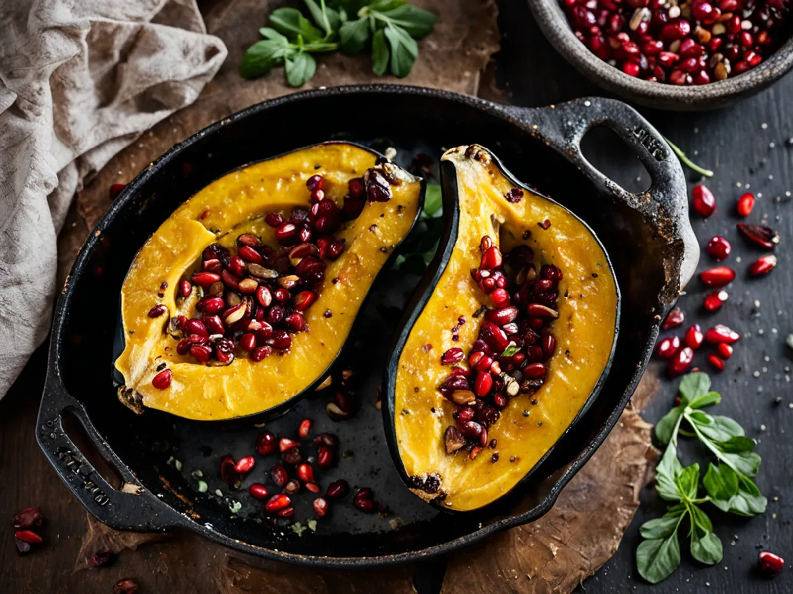 Roasted Acorn Squash Wedges with Spiced Tahini, Pomegranate and Pepitas — Roasted acorn squash recipe with cumin and maple, finished with lemony tahini, pomegranate seeds and toast